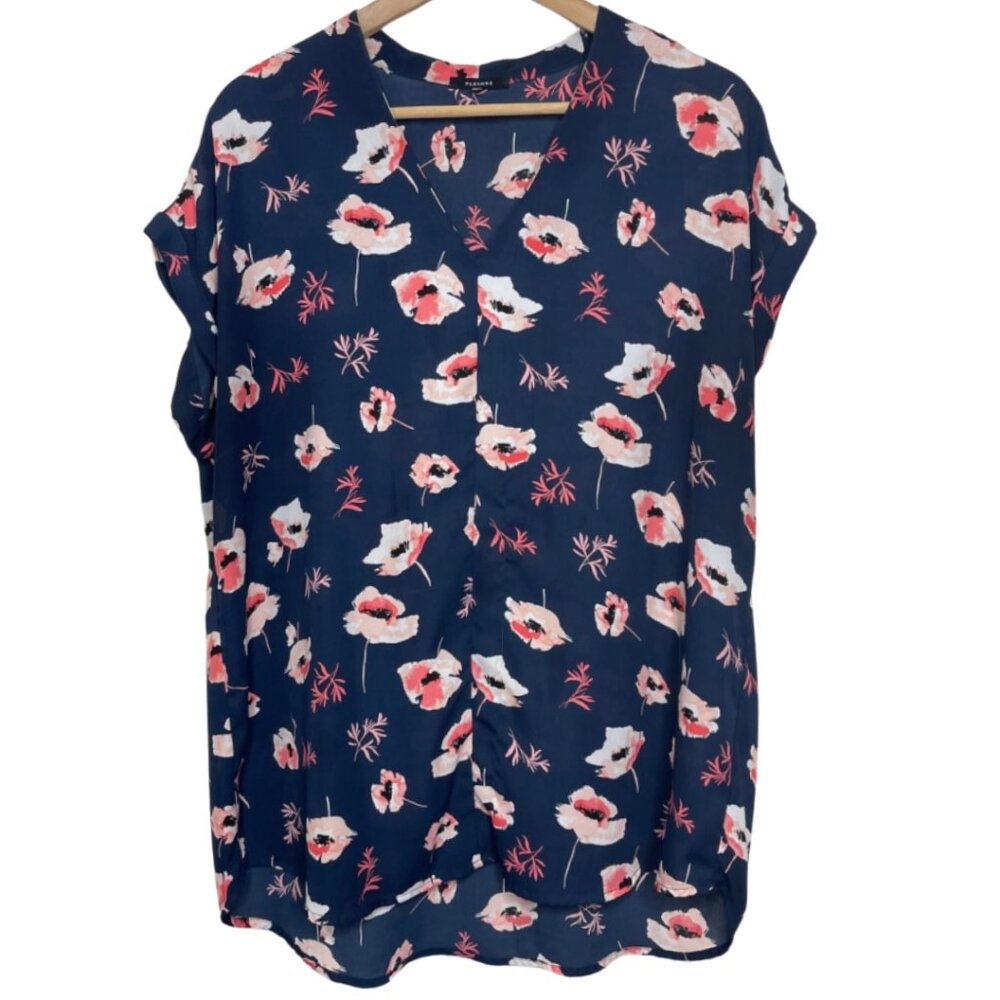 PLEIONE | Women's Floral Poppy Navy and Blush Blouse | Size XL